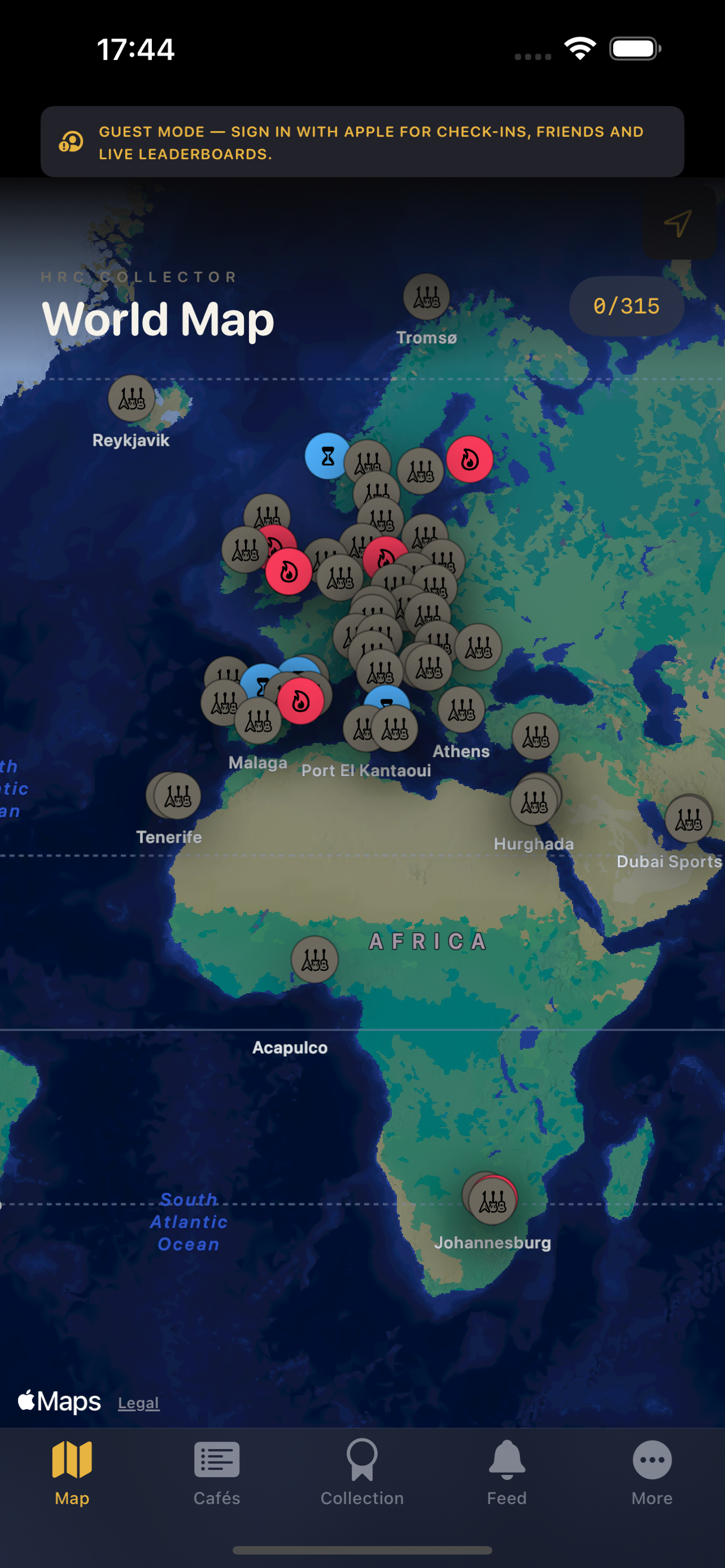 World map view with cafés as colored pins