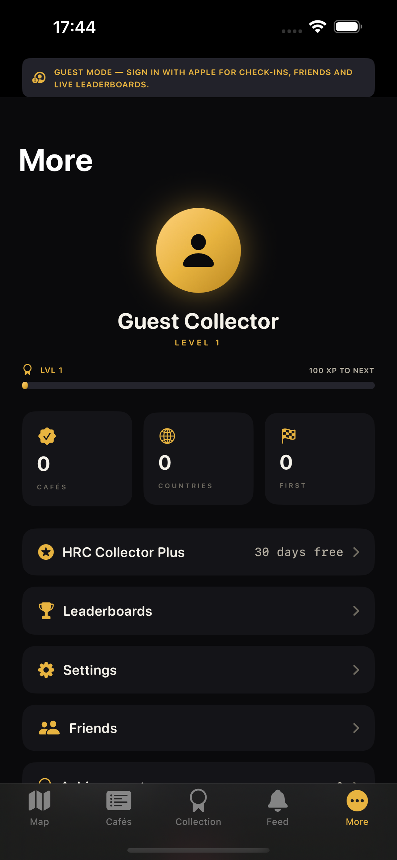Profile screen with stats and achievements